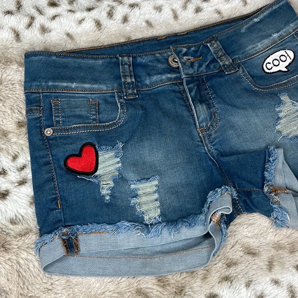 Nauty Blue Distressed Denim Shorts Light Wash Girls Size Small S Patches